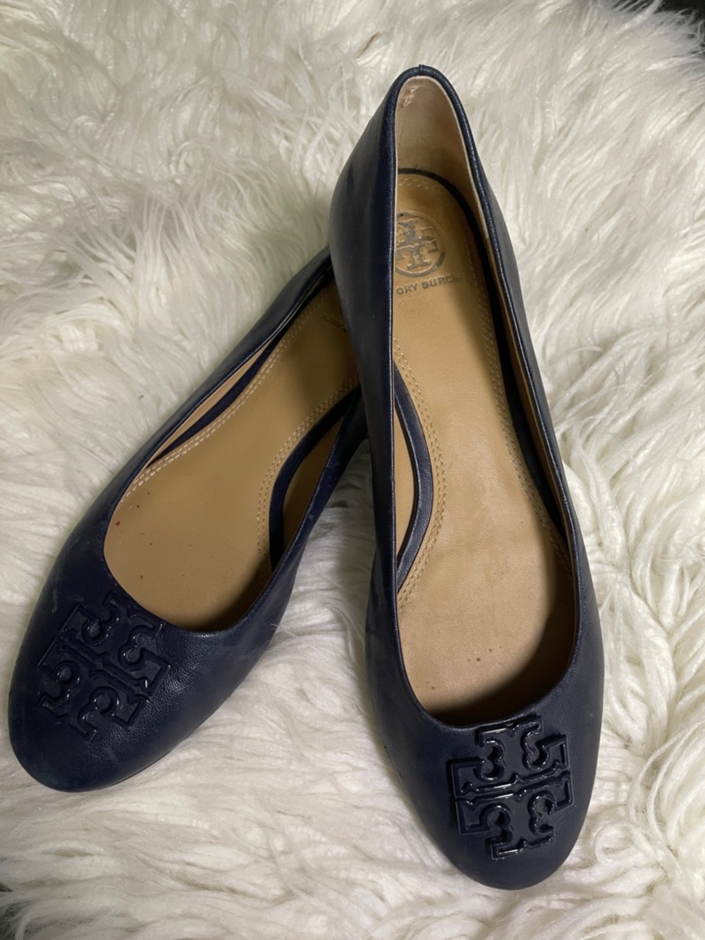 Tory Burch Navy Leather Logo Ballet Flats